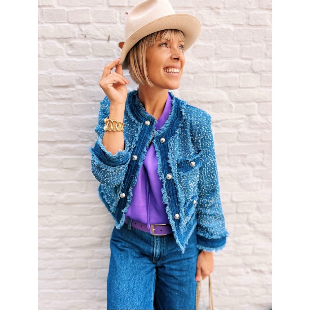 Pinko Denim and Tweed Frayed Cropped Jacket